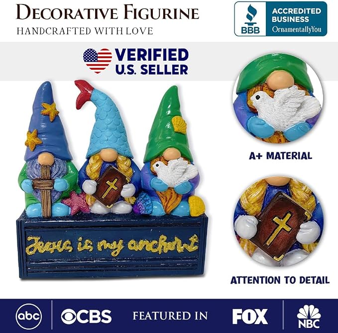 OrnamentallyYou Spring & Summer-Themed Garden Statues – Adorable Outdoor Decor for Lawn, Patio & Porch (Nautical Themed Religious Gnome Figurine, Jesus is My Anchor 6" Beach House Statue)