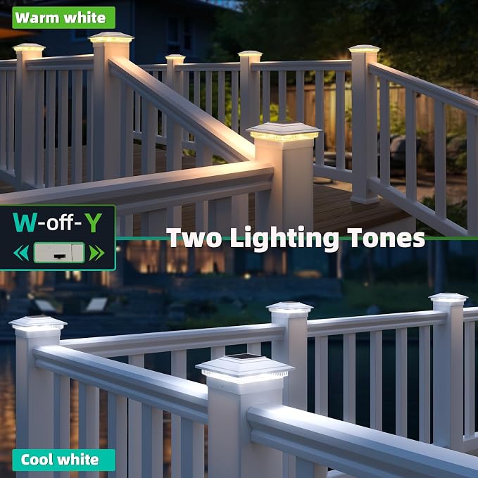 Solar Post Cap Lights Outdoor 12pack, Waterproof Fence Post Solar Lights for 4x4 5x5 6x6 Wood/Vinyl Posts, White Deck Post Lights with 2 Color Modes Decorate Garden Patio Porch Backyard