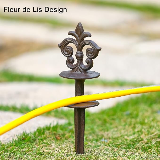 Cast Iron Hose Guide Stakes, Set of 3 Vintage Brown Metal Decorative Hose Guides Spike for Lawn Garden Yard