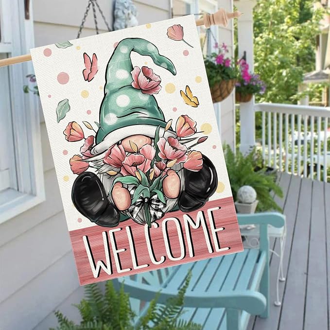 Spring Welcome House Flag 28 x 40 Inch Gnome with Floral Decorative Double Sided Burlap Flag For Seasonal Farmhouse Yard Outdoor Decor