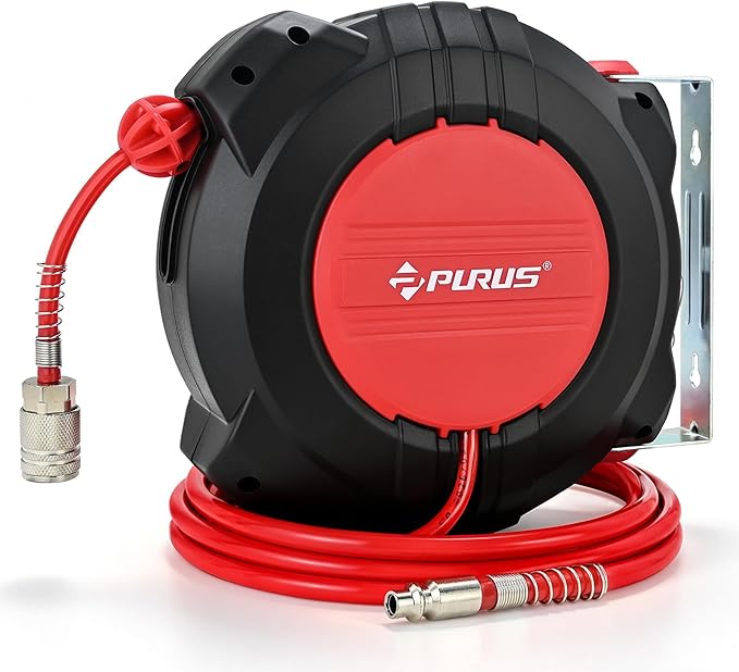 PURUS Retractable Air Hose Reel, 1/4" x 32ft, 180° Swivel Wall/Ceiling Mount, Auto Rewind, Hybrid Hose Max 145 PSI Pressure Air Compressor Hose Reel Quick Coupler for Workshop & Garage