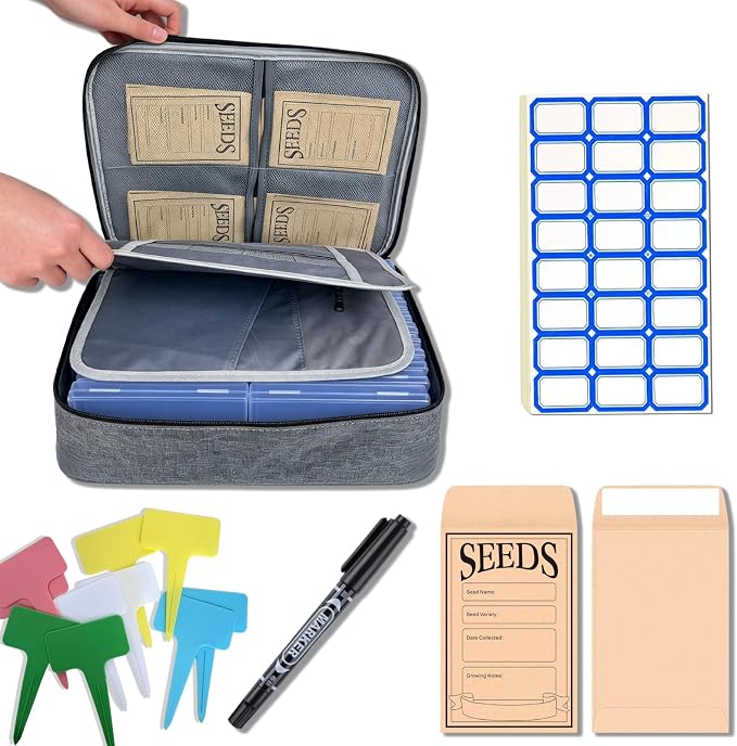 26 Clear Seed Storage Organizer Boxes with 3-Tier Moisture-proof Bag Gray that holds 200 Packets, Seed Saving kit with Labels, Markers for Gardeners, Hobbyists to store various seeds long-term