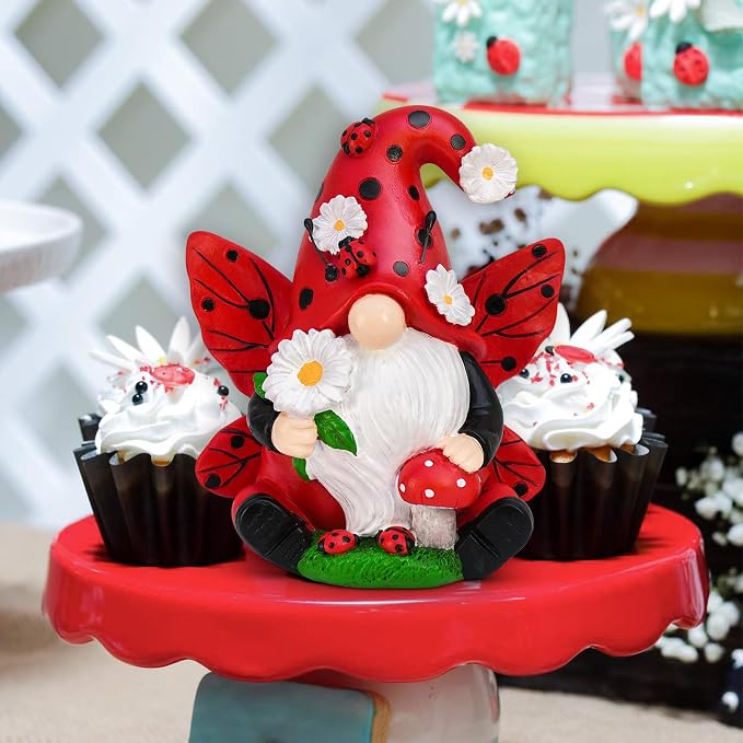 Ladybug Gnome Garden Decor, Fairy Garden Gnome Figurine with Flowers, Spring Summer Outdoor Decorations for Yard Lawn Patio, Ladybug Gifts for Women