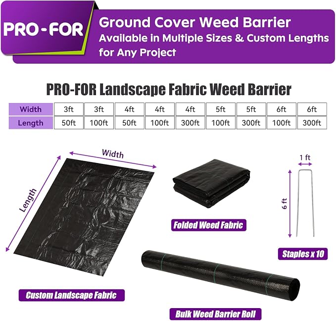 4FT x 50FT 3.2oz Heavy Duty Weed Barrier Landscape Fabric – Premium Woven Ground Cover for Gardening, Farming & Driveways, Breathable Weed Control Cloth with 10 U-Shaped Securing Pegs