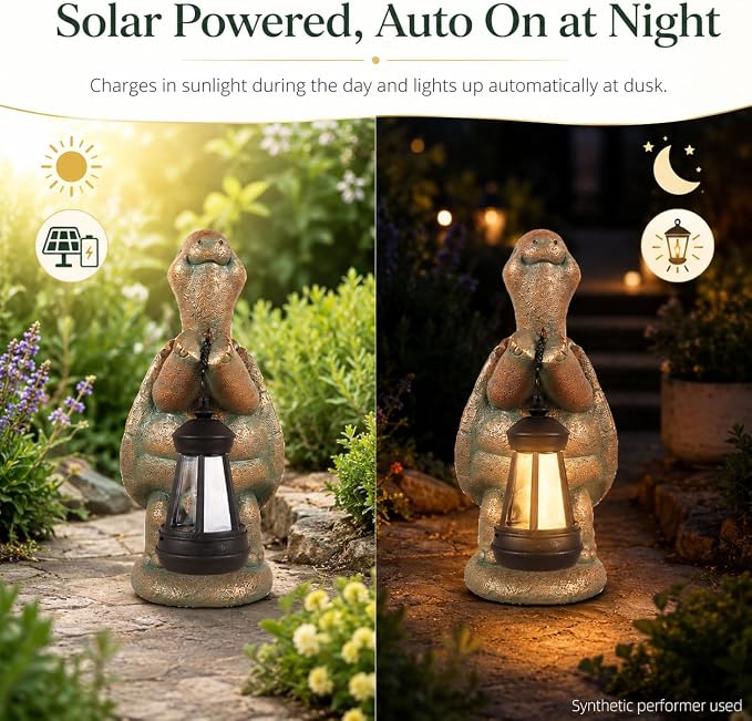 Turtle Solar Powered Outdoor Garden Statue, Resin Statue with Solar Light Lantern, Decorative Lawn, Yard Outdoor Turtle Decoration. Unique Home Decoration, Gifts for Women