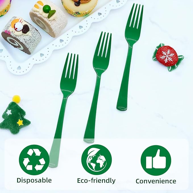 50 Pcs Green Plastic Forks Green Plastic Silverware Disposable Cutlery Heavy Duty 50 Forks for Birthday, St Patrick's Day, Graduation Party, Picnic