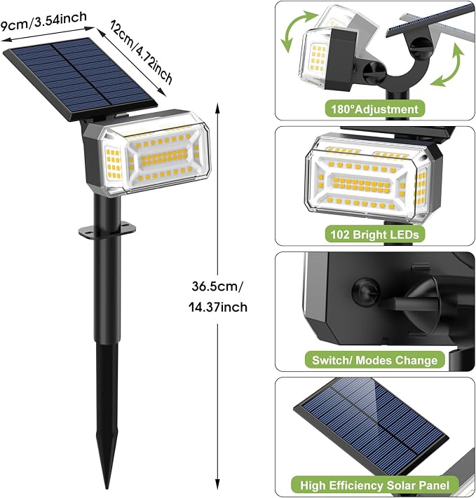 WENATY Solar Spot Lights Outdoor, 102 LED Solar Garden Yard Spotlight Waterproof Landscape Flood Powered Lights with Adjustable Light & Panel, 4 Lighting Modes for Pathway Driveway, 4 Pack(Warm White)