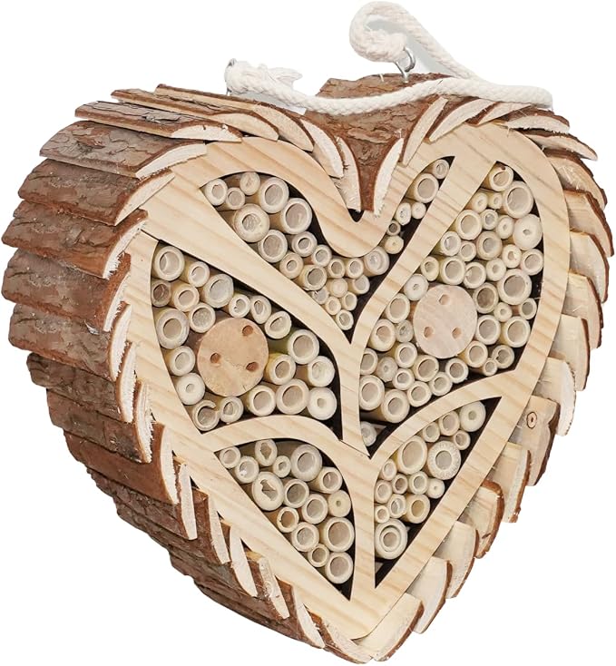 Mason Bee House, Heart-Shaped Wooden Bee House with Bamboo Tubes, Nesting Aid for Wild Bees, Natural Hanging Habitat for Pollinators, Increases Productivity in Your Garden, Brown