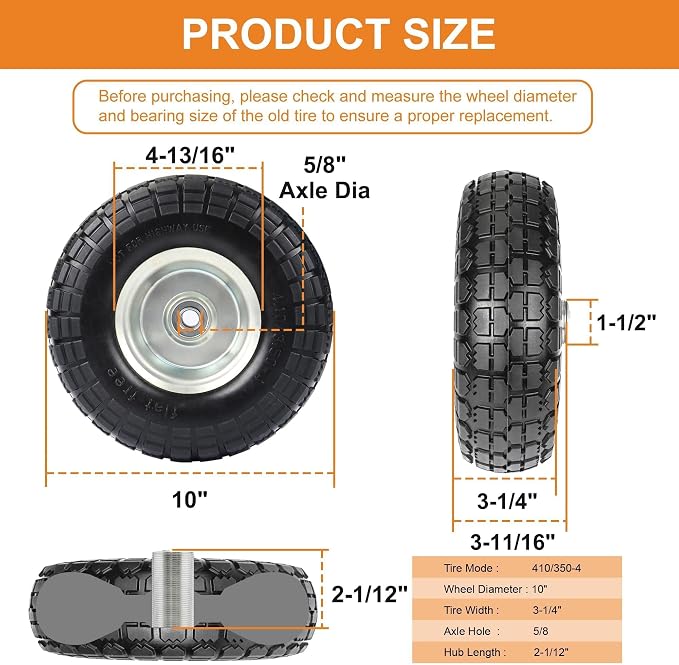 4.10/3.50-4 Tire and Dolly Wheel Flat Free - Solid Rubber Hand Truck Wheels 5/8" Axle - Gorilla Cart Tires Replacement for Garden, Wagon, Yard and Wheelbarrow (10 Inch 2 Pack)