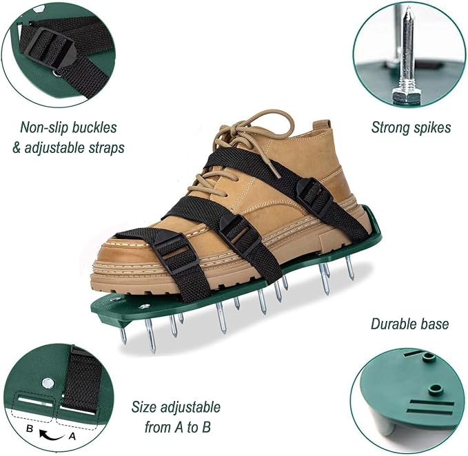 Lawn Aerator Shoes with Adjustable Straps for Grass, Heavy Duty Spiked Aerating Sandals for Yard Patio Lawn Garden, Aerator Lawn Tool or Screed Shoes, One Size Fits All, Black Green Epoxy Shoes