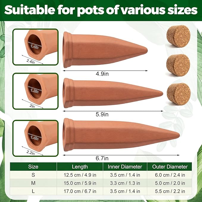 3 Pcs 4.9'' 5.9'' 6.7'' Terracotta Watering Spikes with Lid Automatic Plant Waterer Vacation Friendly Self Watering Planter Insert Plant Water Devices for Indoor Outdoor Plants, 3 Sizes