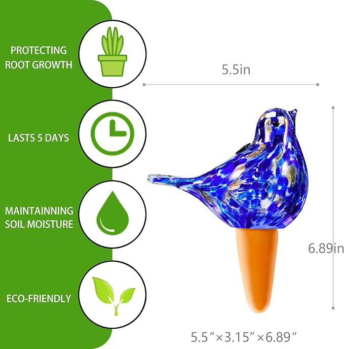 Plant Watering Globes, Bird Glass Self Watering Planter Insert - Glass Plant Water Globes for Daily Use, Planter Spikes to Support Indoor & Outdoor Plant Health, Dark Blue
