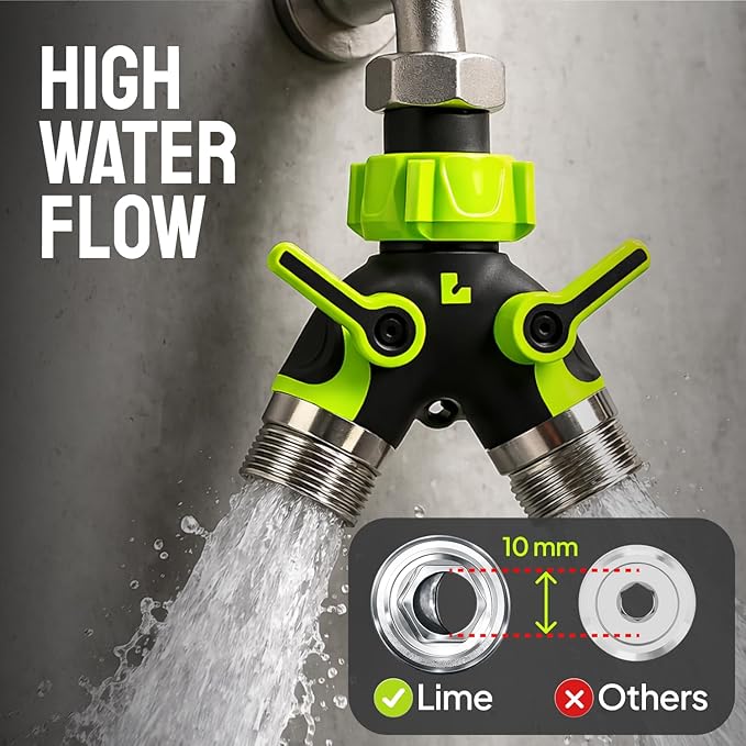 2 Way Hose Splitter Heavy Duty - Metal Y Garden Hose Splitter with Shutoff Valves, Brass Outdoor Faucet Adapter for Spigot, 3/4 Inch GHT Water Hose Connector - Green