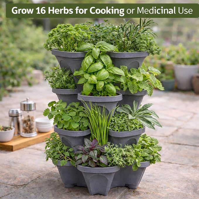 Vertical Garden Planter 4 Tier Stackable System 16 Plants, Space Saving Herb, Strawberry & Food Crop Planter with Center Support Hole for Indoor Outdoor Gardening (4, Slate Gray, Small)