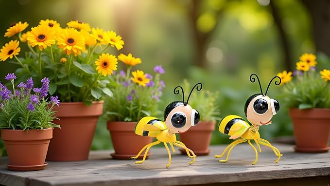 Cruis Cuka Metal Yard Art Garden Decor Cute Bee Lawn Ornament Hanging Wall Sculpture - Set of 2
