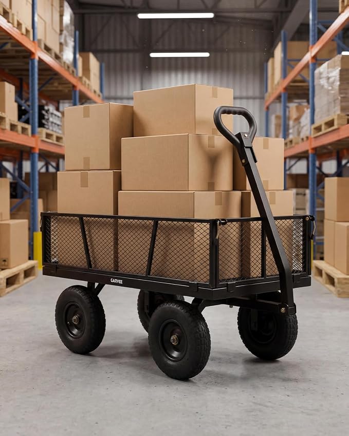 Garvee Versatile Outdoor Utility Cart-1200LBS Heavy-Duty, 13" All-Terrain Pneumatic Tires, Vehicle-Connectable, Easy Maneuverable Lawn Cart with Removable Mesh Panels for Gardening & Landscaping,Black