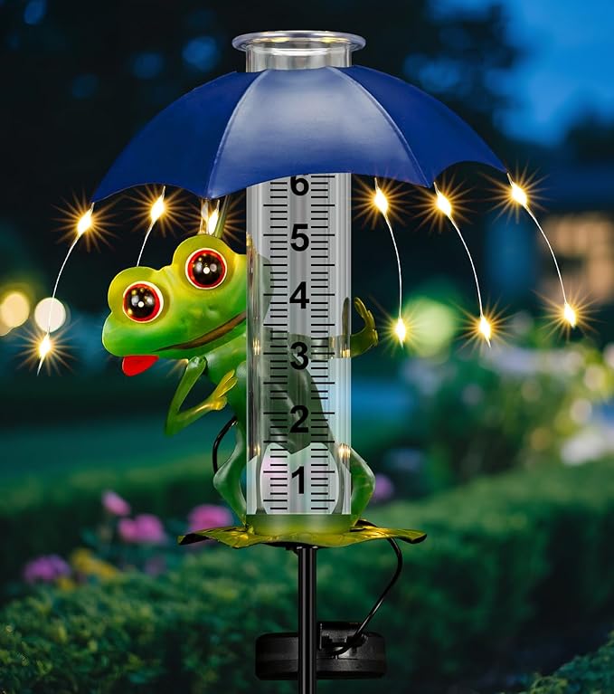 shumi Rain Gauge Outdoor, Solar Frog Rain Gauges with LED Lights ard Decor, Garden Statues Frog Gifts for Women, Yard Art Ornament for Yard Patio Garden Decor, Gardening Gifts for Women