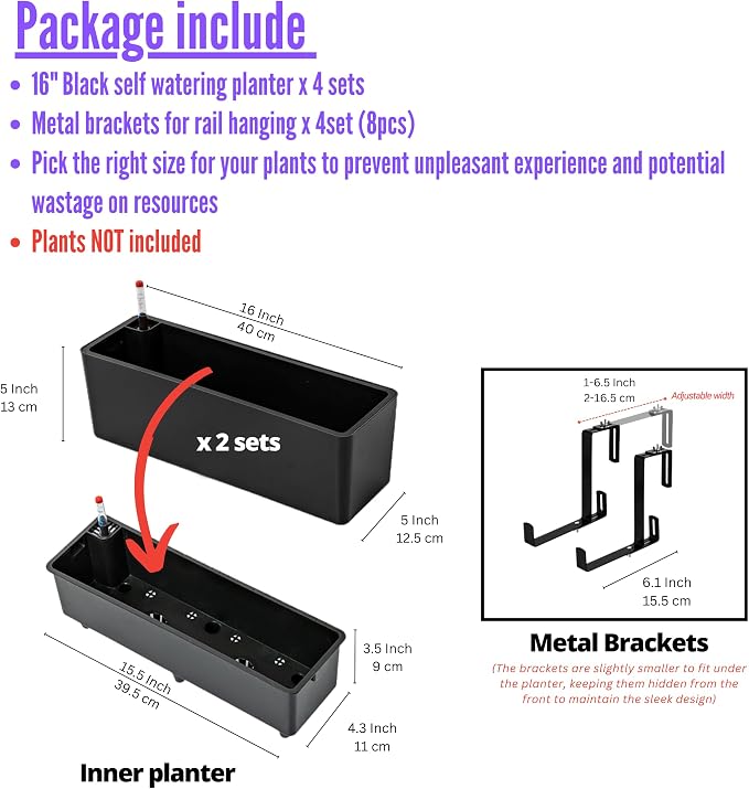 LaLaGreen Railing Planter Boxes (16 Inch, 4 Pack) Black Rectangular Plastic Window Box Planters with Self-Watering System Metal Brackets, Outdoor Plants Herbs Flowers Deck Balcony Fence Garden Decor