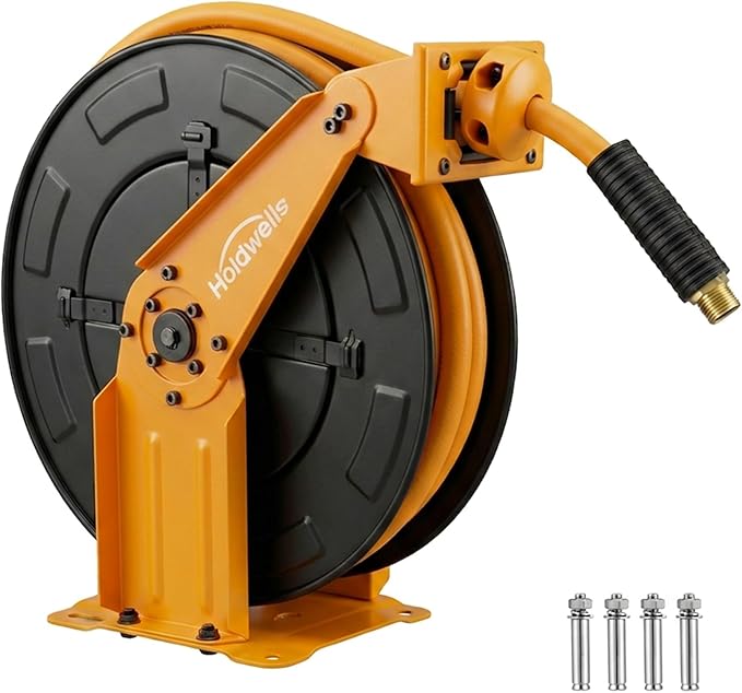 Retractable Air Hose Reel, 3/8" x 50FT EPDM Rubber Air Hose, 300PSI Max, Auto-Rewind & Length-Lock, 1/4" NPT Fitting, Ceiling/Wall Mount Heavy Duty Dual Arm Steel Reel for Workshop/Garage