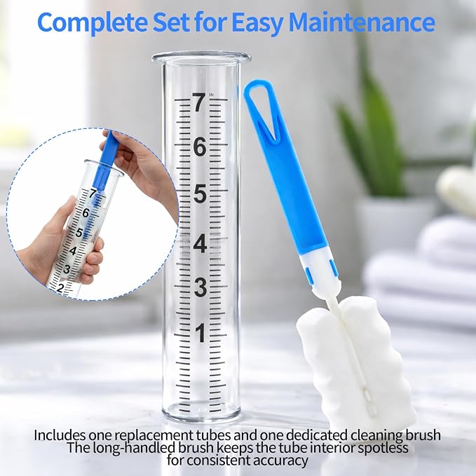 7'' Plastic Rain Gauge Replacement Tube, Durable Thick Plastic Rain Gauge Tube with Cleaning Brush,Cold Resistance Crack Resistance for Garden Yard Lawn Outdoor Use