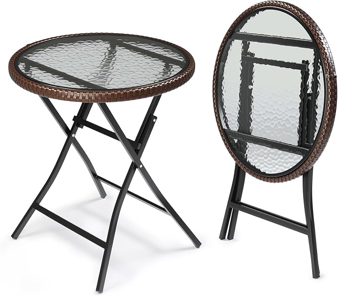 VINGLI 23.6in Modern Brown Rattan Folding Glass Outdoor Side Table, Small Patio Table with Tempered Glass Top,Round,1 Pack