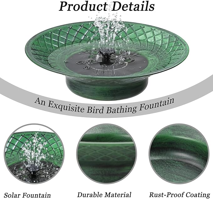 12.6" Bird Bath for Outside, Solar Bird Bath Fountains, Bird Bath Bowl Outdoor, Solar Powered Bird Baths for Garden Patio Decor (Green)