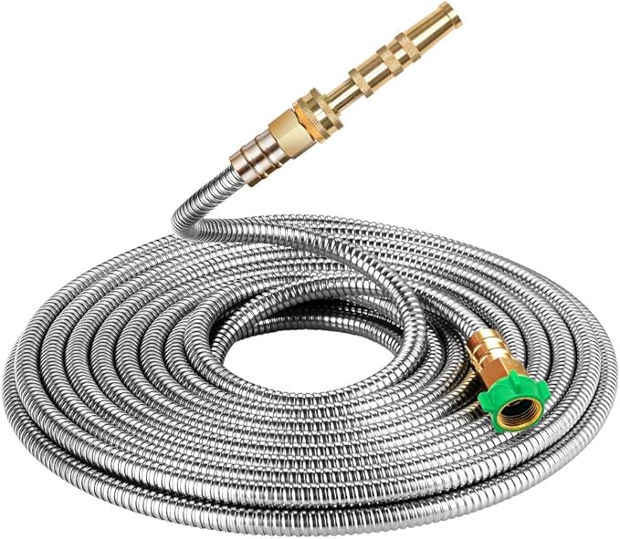 BEAULIFE 304 Stainless Steel Metal Garden Hose 75 Feet with Brass Garden Hose Nozzle Flexible, Portable & Lightweight Kink Free Garden Water Outdoor Hose