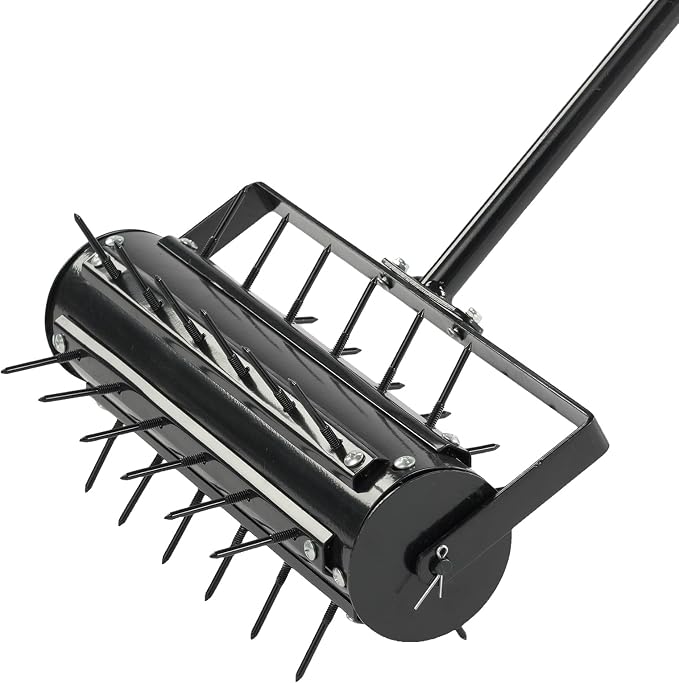 18in Rolling Lawn Aerator, Heavy Duty Manual Aerator Lawn Tool, Lawn Spike Aerator Roller with Adjustable Handle, Soil Penetrator Push Lawn Aeration for Garden Yard Patio (Black)