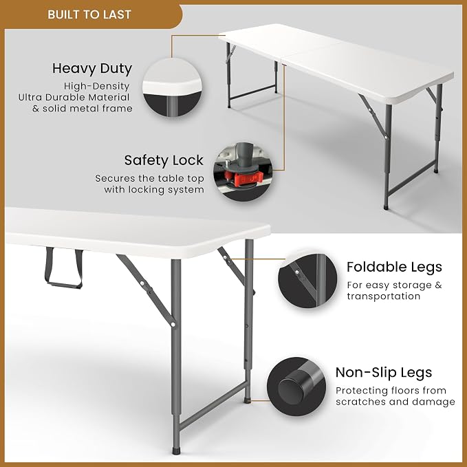 5.5 Feet ADJUSTABLE Foldable Table with Built in Handle & Steel Legs | 5.5FT Heavy Duty Folding Portable | Perfect for Party, Dining, Wedding, Events, Picnic Indoor, Outdoor, Camping, Utility, Folding
