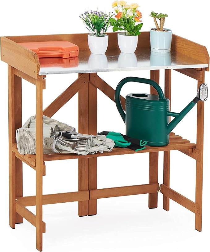 Folding Potting Bench Table, Outdoor Workstation with Galvanized Tabletop and Storage Shelf for Garden, Deck, Balcony, Easy Assembly