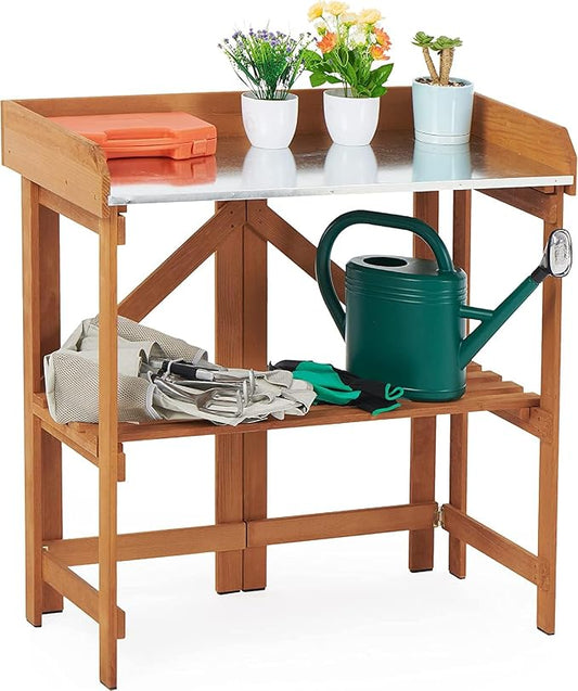 Folding Potting Bench Table, Outdoor Workstation with Galvanized Tabletop and Storage Shelf for Garden, Deck, Balcony, Easy Assembly