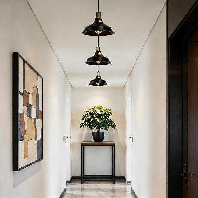 1-Pack Pendant Light Fixtures, Industrial Hanging Light with Metal Shade, Farmhouse Pendant Lighting for Kitchen Island, Hallway, Dining Room, Black & Gold