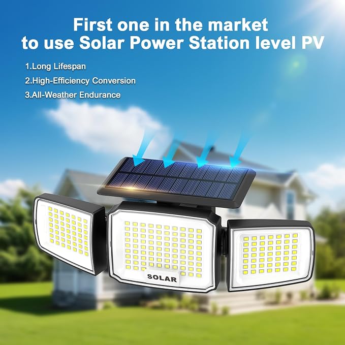 JEJOT Solar Security Light Outdoor Super Bright LED, Motion Sensor Flood Light, 3 Heads 270° Wide Angle,Remote Control, IP65 Waterproof, 3 Modes (1 Pack)