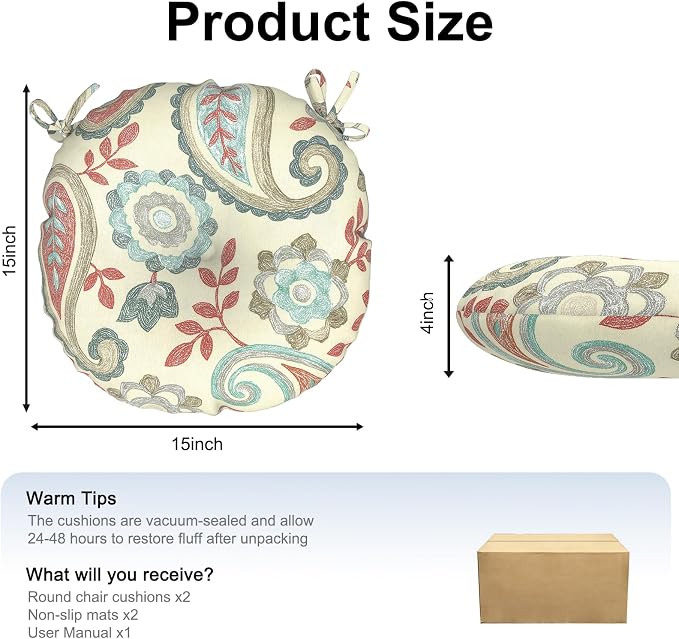 DYTXIII Set of 2 Outdoor Round Chair Cushions 15"x15"x4" with Ties, Water Repellent Tufted Bistro Seat Cushions, Thick Patio Chair Pads for Bar Stool, Garden & Dining Furniture - Paisley Vintage
