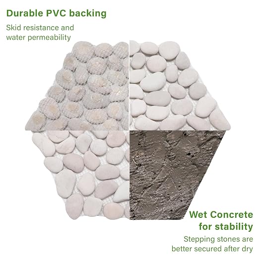 10in River Rock Stepping Stones Set - 6 Pack | Polished Pebble | Long-Lasting PVC Mesh Backing | Perfect for Garden Paths and Lawns Outdoor Landscaping Decoration | White Rhombus