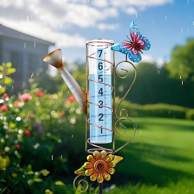 WONDER GARDEN Rain Gauge Outdoor, Decorative Kettle-Shape Rain Gauges Outdoors Best Rated, Freeze Proof Glass Water Rain Measure Gauge with Butterfly for Yard Patio Lawn Decor