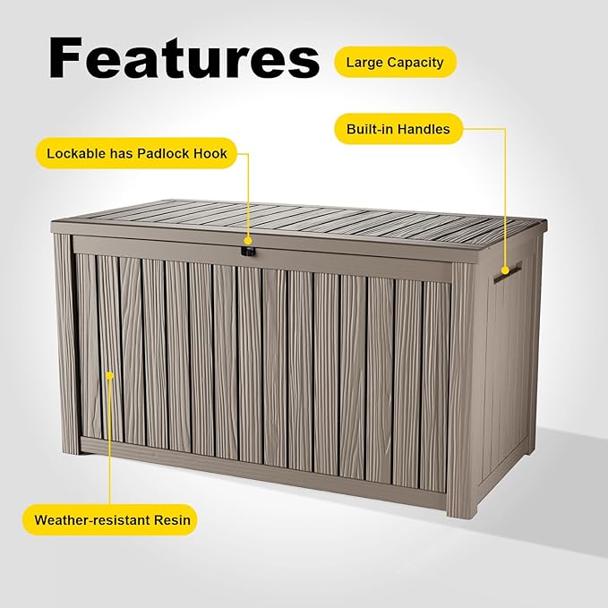 200 Gallon Outdoor Storage Box Waterproof, Resin Lockable Deck Box with Lid, Large Capacity Weatherproof Container for Patio Furniture Pool Accessories, Side Table(Grey, 200 Gallon)