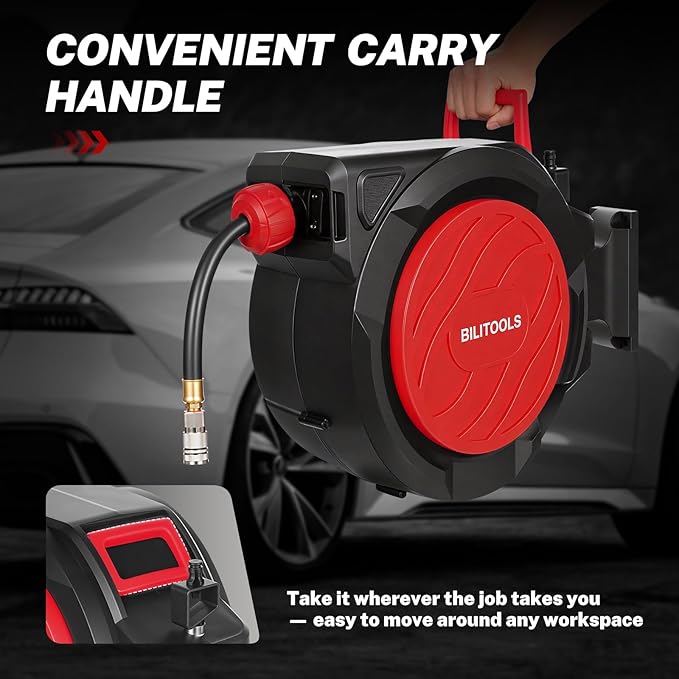 BILITOOLS Retractable Air Hose Reel, 1/2" x 50 ft High Flow Hybrid Air Hose Max 300PSI, Enclosed Air Compressor Hose Reel with Smooth Auto Rewind & 5 ft Lead-In Hose, 180° Swivel Wall/Ceiling Mount