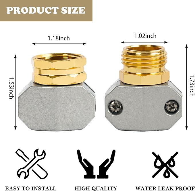 Hourleey Garden Hose Repair Kit, 2 Sets Aluminum Alloy Garden Hose End Mender, Male and Female Water Hose Repair Fittings, Fit 5/8" and 3/4" Connector, with 4 Extra Hose Washers