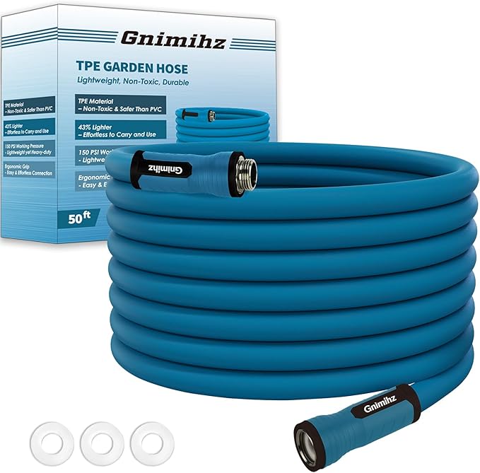 Garden Hose 5/8 in x 50 ft, Made of TPE (BetterThan PVC/Hybrid Polymer), Lightweight yet Durable Water Hose with Ergonomic Grip, Drinking Water Safe Material, All-Weather, 3/4" GHT Fittings