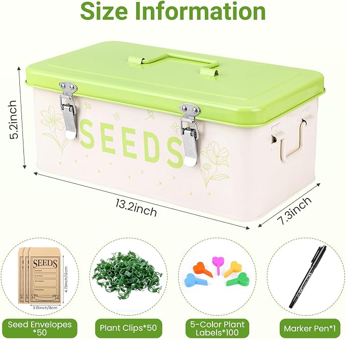 Seed Storage Organizer Box with 4 Compartments, Metal Seed Saving Container with Lockable Lid and Safety Locks, Includes 50 Envelopes, 100 Plant Labels, 50 Clips and Marker (Fruit Green)