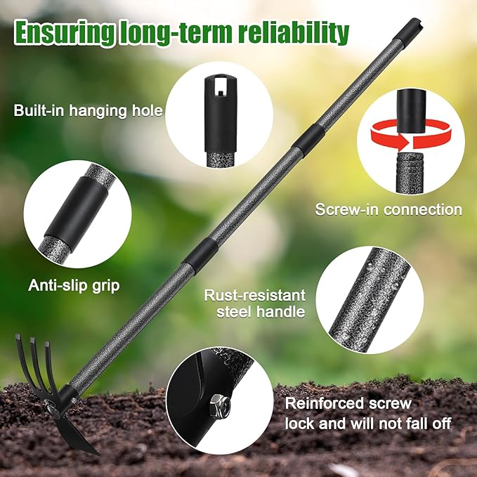 Heavy Duty 2-In-1 Garden Hoe with 3 Tine Cultivator Rake, Carbon Steel Sharp Weeding Tool with 45"Adjustable Handle For Weed Removal & Soil Loosening In Raised Beds, Flower & Vegetable Gardens