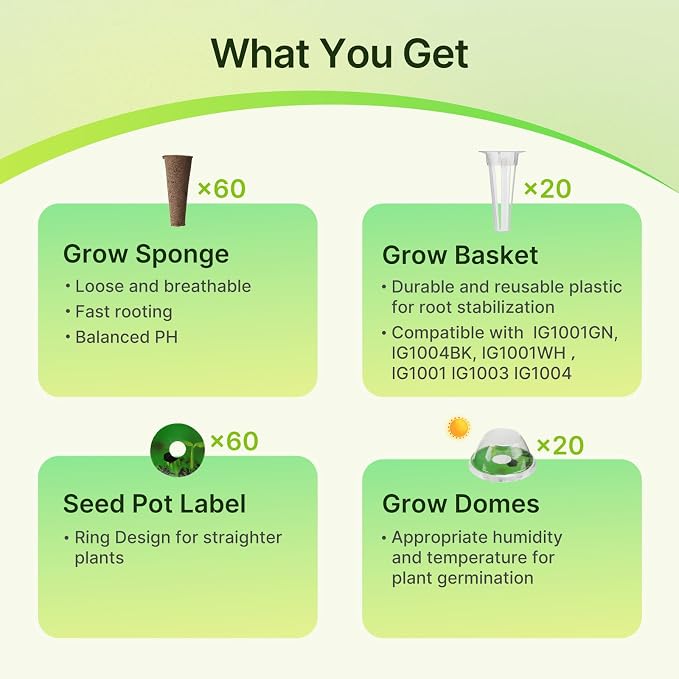 SUNCOZE 160pcs Hydroponic Pods, Accessories Compatible Other Hydroponics Growing Systems, Gardening Supplies Garden Pods Include 60 Grow Sponges, 20 Grow Baskets, 20 Domes, 60 Labels