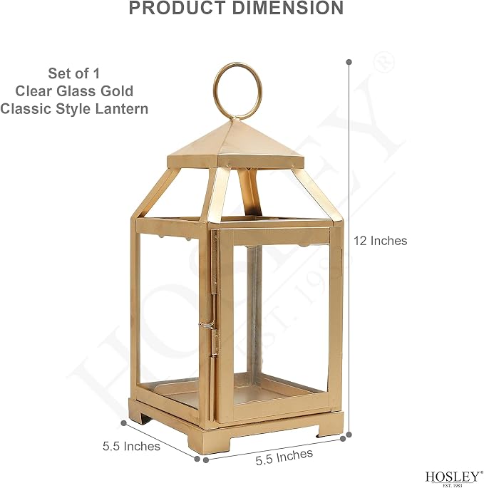 Hosley 12 Inch High Clear Glass and Iron Classic Style Lantern Ideal Gift for Festivities Parties Weddings Aromatherapy and Spa Settings-Gold