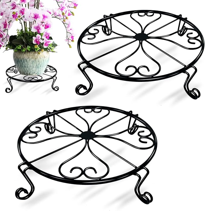 NSYOOMH 2 packs 12" Black Metal Plant Stands Heavy Duty Plants Holder Outdoor Indoor, Round Wrought Iron Sturdy Flower Planter Pot Stand, Corner Gardening Inside Potted Plant Risers - 12Inches
