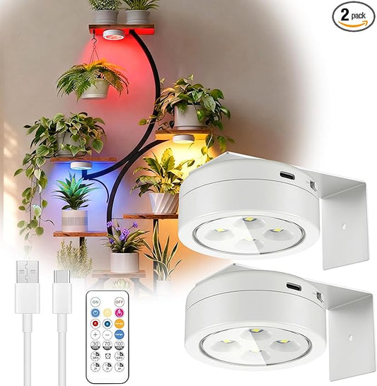 2 Pack Rechargeable Battery Grow Light, Full Spectrum Indoor Cordless Plant Light with Timer & Remote, Stepless Dimming,Type-C Charging 2000mAh,Wireless Magnetic Puck Plant Lights for Indoor Growing