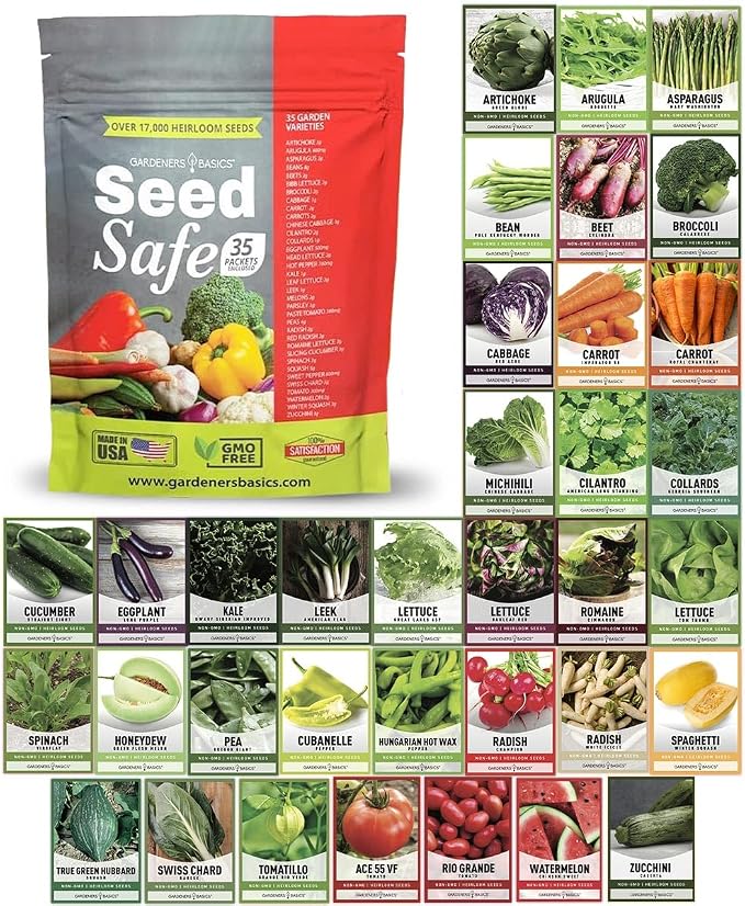 Gardeners Basics Seed Safe Kit - 35 Easy to Grow Heirloom Vegetable Seeds for Beginners - Non GMO Garden Starter Set with 17,000+ Seeds - Gardening Gift for Families