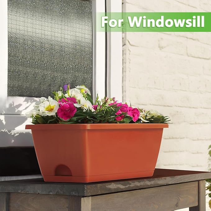 Railing Planter Boxes for Plants, 2 Pack Deck Hanging Planters for Railings, Over Railing Planter Box, 16.9 Inch Balcony Planters Railing Hanging with Metal Brackets, Red