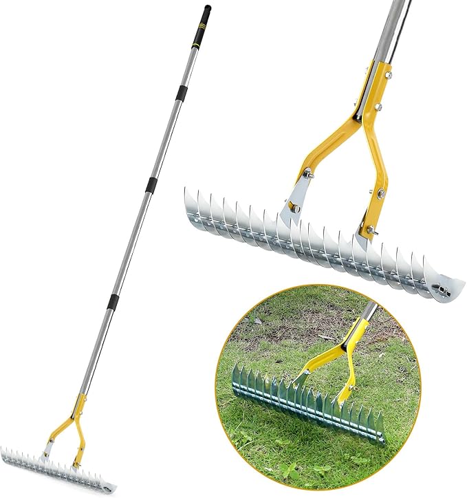 Thatch Rake, 15-Inch Steel Lawn Dethatcher with Handle, Heavy Duty Grass Cleaning Tool for Dead Grass and Soil Loosening, Versatile Yard and Garden Grooming