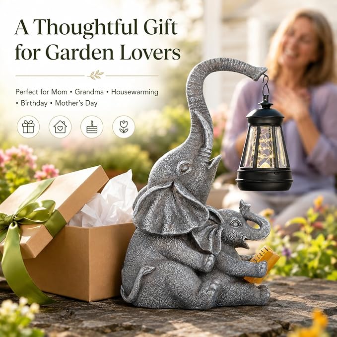 Candieslife Solar Elephant Garden Statue with Lantern, Outdoor Resin Elephant Figurine Lights for Yard Patio Porch Lawn, Weather-Resistant Garden Decor Sculpture, Gifts for Mom Women Grandma